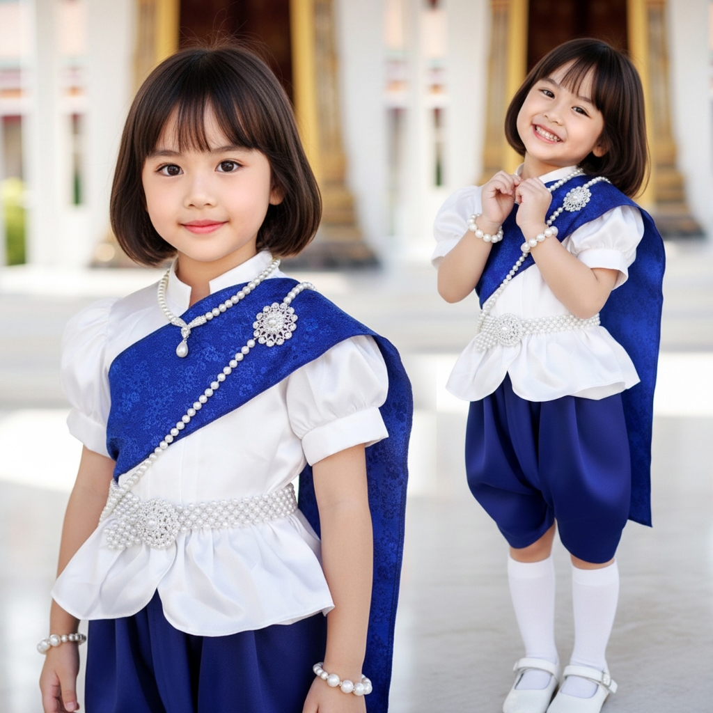 ชุดไทยเด็ก สีดำ สีขาวดำ เจ้าฟ้า ชุดสไบ เด็กหญิง ชุดราชประแตนเด็กชาย เซท3ชิ้น เสื้อ โจงกระเบน ผ้าพาดไหล่ ใช้ผ้าแพรสีดำ - รูปที่ 4