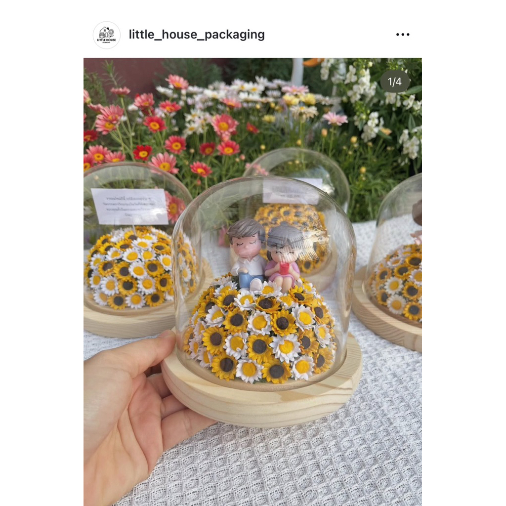 โดมแก้วทุ่งดอกไม้ ฐานไม้ สำหรับของขวัญ มีไฟกระพริบ - รูปที่ 2