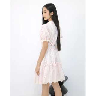 cherie dress 🌷💕🫶🏻ชุดเดรสลายดอกไม้ วินเทจ หวานพาสเทล แขนพอง กระโปรงระบาย สไตล์เกาหลี ใส่เที่ยว
