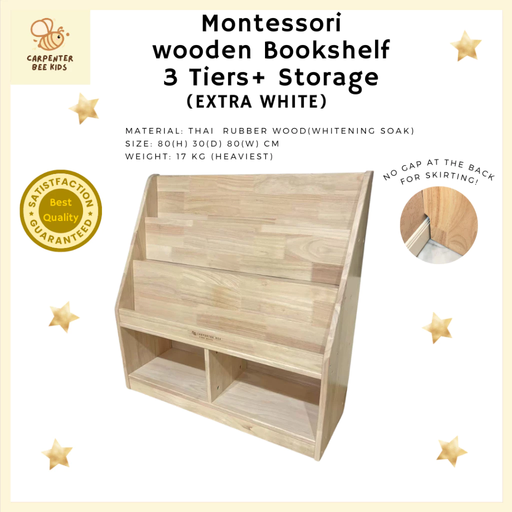 (Heaviest!) Montessori ชั้นวางหนังสือเด็ก ไม้จริงทั้งชิ้น 4 Tier / Kids Bookshelf Solid Thailand Rubber Wood 4 Tier