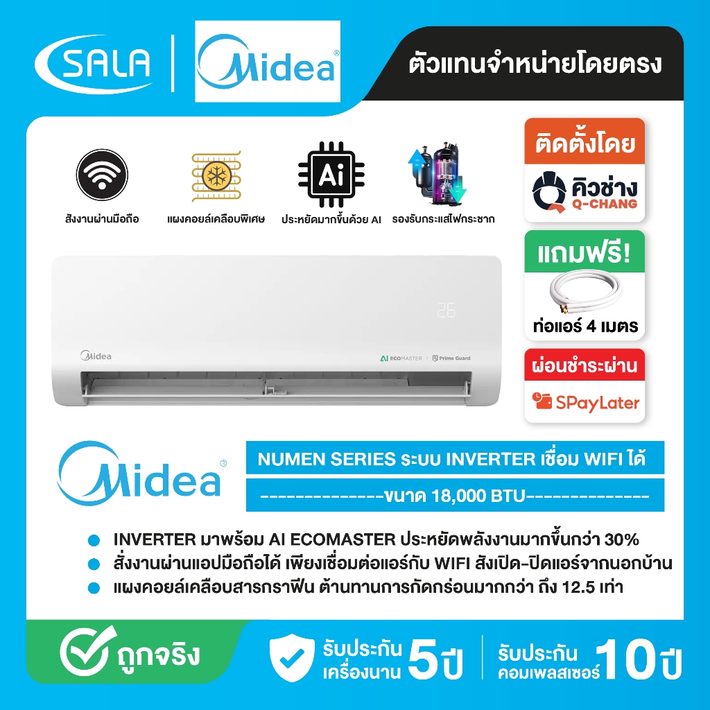 MIDEA เครื่องปรับอากาศ WIFI ขนาด 18,000 BTU ระบบ Inverter เปิดแอร์จากนอกบ้านได้ รุ่น NUMEN SERIES โหมดทำความสะอาดตัวเอง