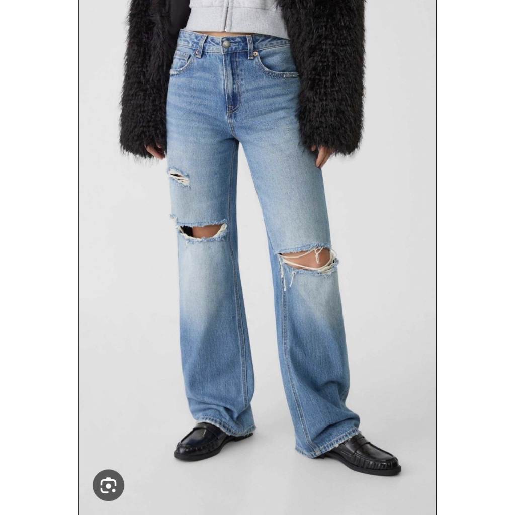 Stardivarius D92 Straight wide Jean กางเกงทรงกระบอกแต่งขาด