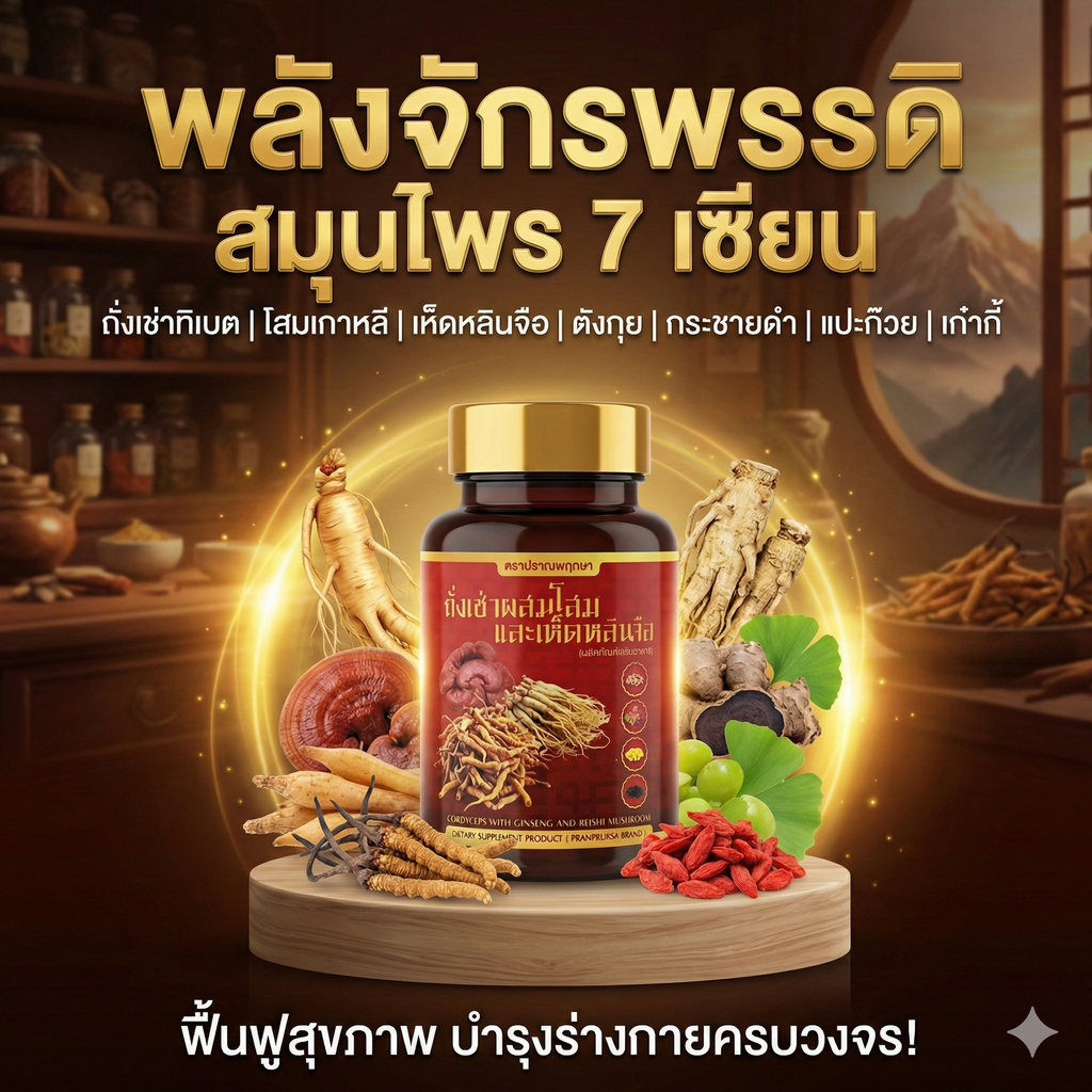 [ของแท้] ถั่งเช่า ผสมโสมเกาหลี เห็ดหลินจือ (รวม 7 สมุนไพรจักรพรรดิ) แก้เพลีย หลับลึก เลือดลมดี มี อย