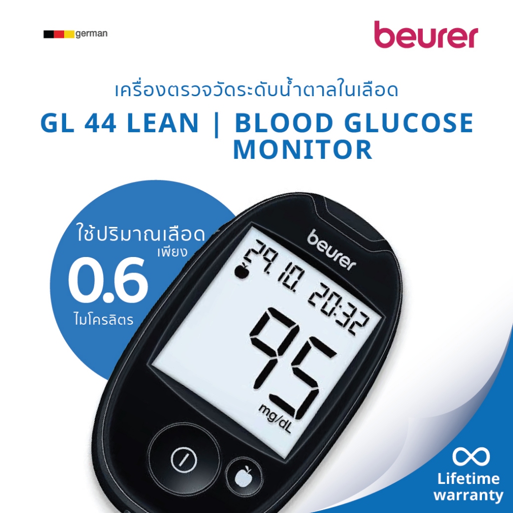 [ อุปกรณ์ครบชุดพร้อมใช้งาน ]Beurer เครื่องตรวจวัดระดับน้ำตาลในเลือด รุ่น  GL44 LEAN สีดำ [รับประกันต