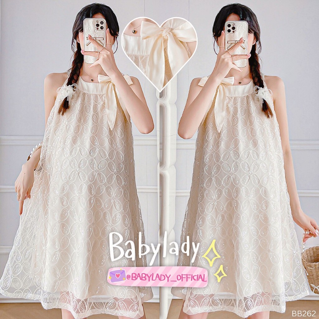 [BB 262] ชุดคลุมท้อง | BABYLADY ♡ - ผ้าใส่สบาย ปักเลื่อมทั้งชุด มีกระดุมหลัง โบว์ผูก มีซับใน ใส่ออกงานสวยหรู