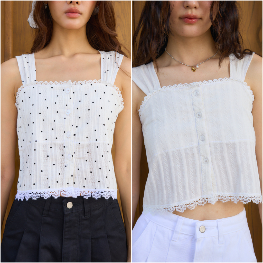 Sis story เสื้อสายจีบ ผ้าลูกไม้ แต่งขอบ ลูกไม้ Sis T 15 Snowdrop Lace Top   - White/ Polka dot
