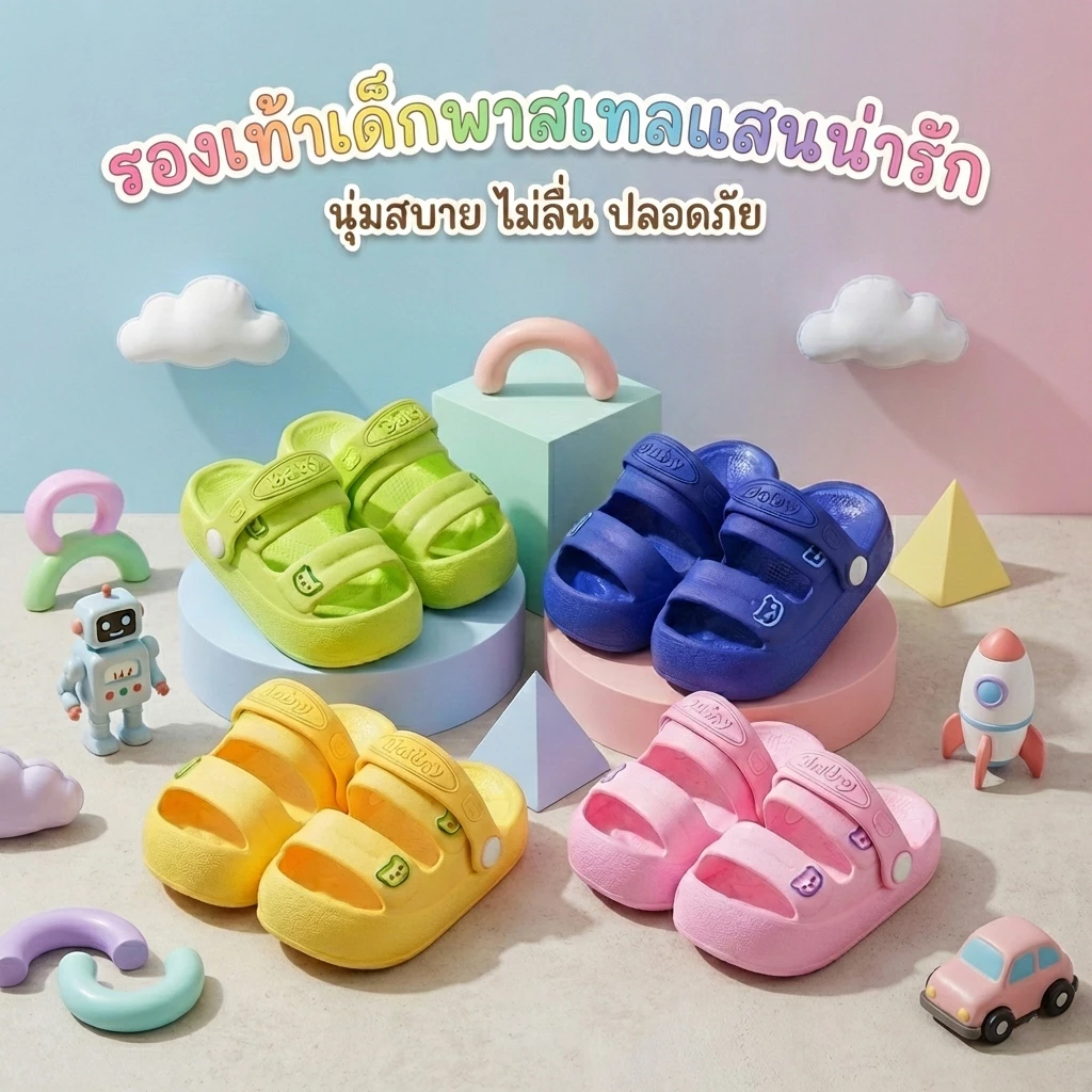 รองเท้ารัดส้นเด็ก เบจพาสเทล นุ่มพิเศษ น้ำหนักเบา ใส่ได้ทุกวัน