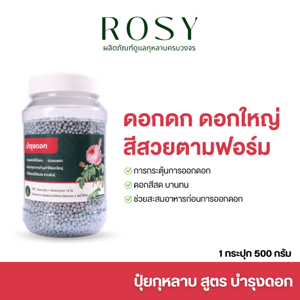 Rosy ปุ๋ยกุหลาบ (สูตรบำรุงดอก) ช่วยกระตุ้นการออกดอก เร่งรอบดอก บำรุงให้ดอกใหญ่ 500 กรัม