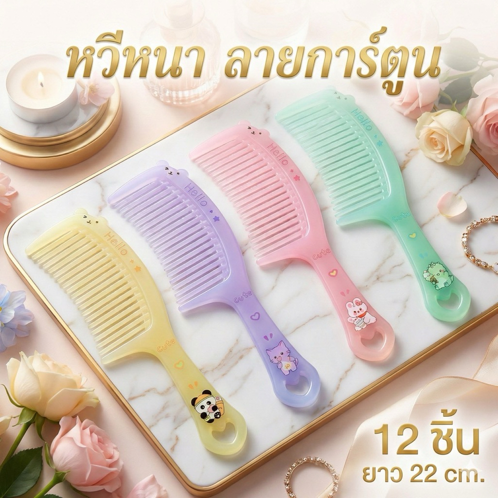 🌷ยกโหล 🌷 หวีหนา 12 ชิ้นคละสี ลายการ์ตูน ราคาส่ง