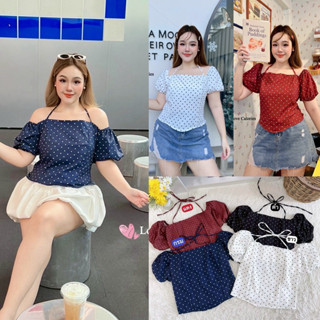 /LC/ เสื้อแขนตุ๊กตา Polka Dot ไซส์อก38-50 มีสายผูกคล้องคอ สม…