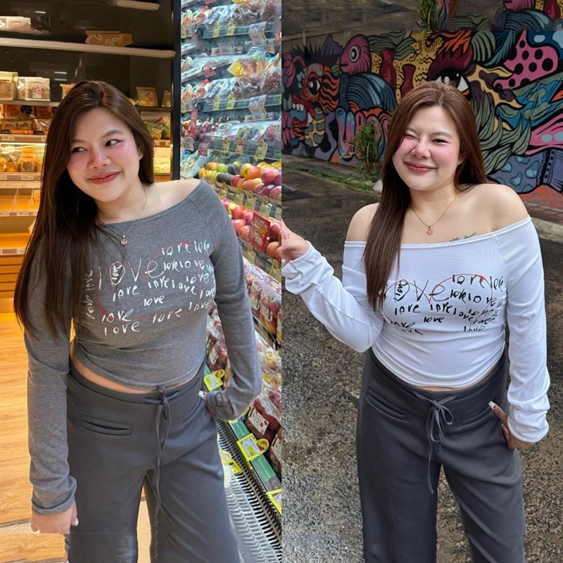 🌈VibeHouse🌈เสื้อปาดไหล่ แขนยาว ปาดไหล่แขนยาว สกรีนลายเต็มๆ ผ้ายืดนิ่มใส่สบายสุด ปาดไหล่ได้หลายแบบ รุ่น ไวกิ้ง LOVELOVE