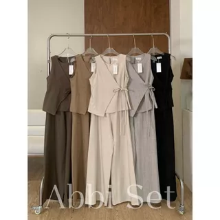 Abbi Set:: ชุดเซ็ทขายาว 5 สี ชุดเซ็ทขายาวเสื้อแขนกุดผูกอก แต่งผูกโบว์หน้า เรียบร้อย ทำงาน BETTY (B043)