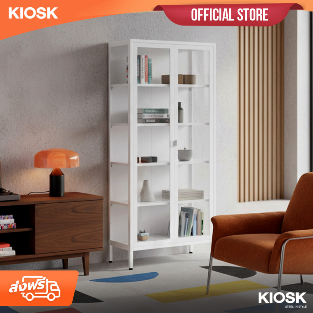 [จัดส่งพร้อมติดตั้งฟรี] KIOSK ตู้โชว์ 5ชั้น ทรงสูงรุ่น Sleek พร้อมกระจกใส 3 ด้านขนาด 80*35*180 cms.