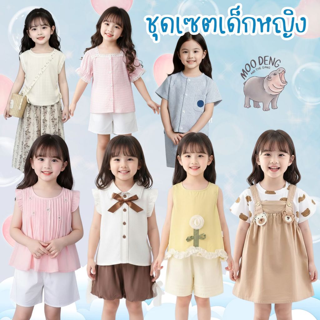 MooDeng Baby ชุดเสื้อผ้าเด็กหญิงแขนสั้น ชุดเช็ตเสื้อ+กางเกง สำหรับเด็กหญิงน่ารักๆ ผ้ายฝ้าย ใส่สะบาย พร้อมส่งจากไทย