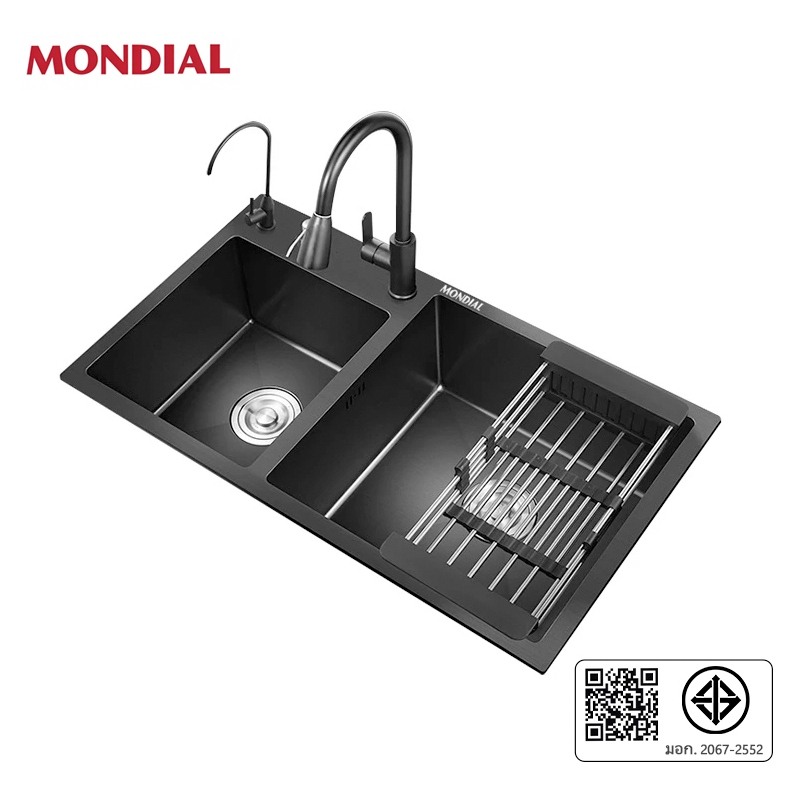 Mondial อ่างล้างผักหลุมเดี๋ยวหลุมคู่สแตนเลส304ซิงก์ล้างจานหลุมเดี๋ยวหลุมคู่ตะกร้าระบายน้ำแบบพับเก็บได้สำหรับติดตั้งบนและ