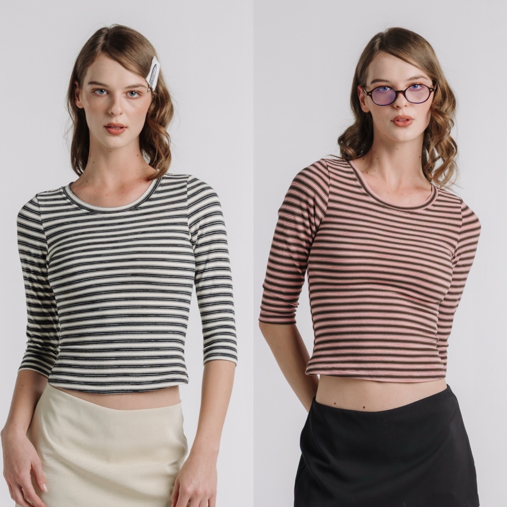 STAYSLAY.BKK | 3/4 SLEEVE SLIM FIT TOP (เสื้อแขนสามส่วนลายทางเข้ารูปทรงสวย )