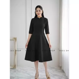 TEESBRAND T1729 ชุดทำงานสีดำ ทรงบาน เสื้อคอจีน แขนห้าส่วน ยาว40 นิ้ว เดรสดำ ชุดดำงานศพ ชุดดำสุภาพ