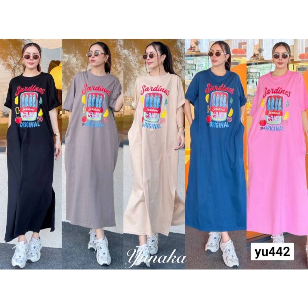 เดรสคอกลมแขนสั้น ทรง Oversize ดีเทลผ่าข้างเล็กน้อยเดินสะดวก มีกระเป๋าล้วงข้าง yunaka