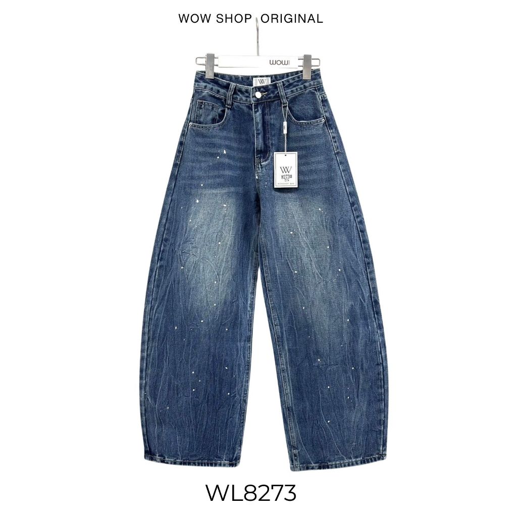 WOWSHOP WL8273 กางเกงยีนส์ทรง Barrel สีเข้ม ทำเล่นจุดสีแรนด้อมทั่วตัว น่ารักมาก ราคา ถูกที่สุด ดีลบีเคเค