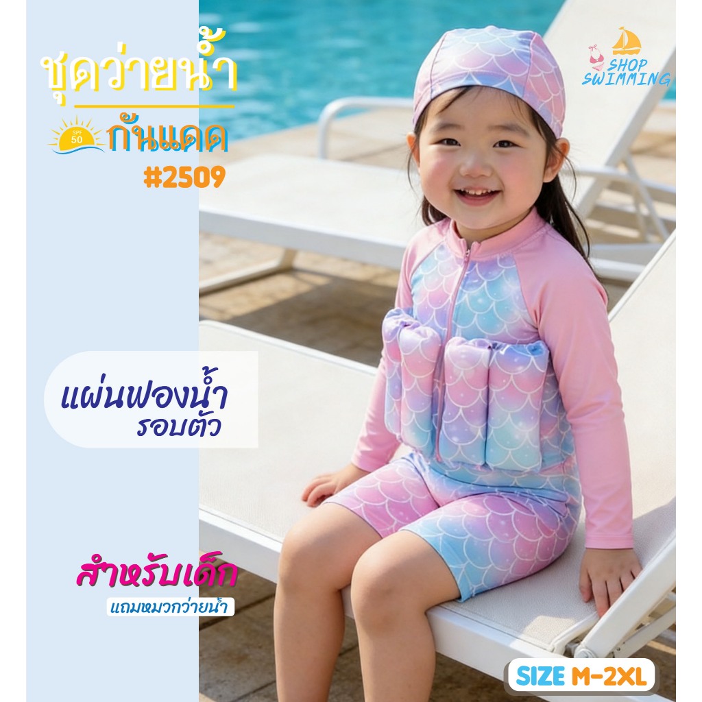 Shop Swimming ชุดว่ายน้ำเด็กมีชูชีพพร้อมหมวกชุดว่ายน้ำขาสั้น5ส่วน SPN 2590/2591