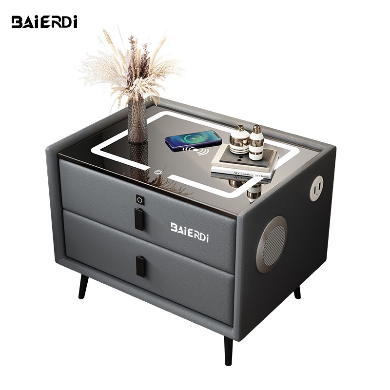 BAIERDI MALL โต๊ะข้างเตียงสมาร์ท ทันสมัยมัลติฟังก์ชั่นพร้อมโคมไฟล็อคลายนิ้วมือ สุดเก๋บลูทูธสายชาร์จไร้สายโต๊ะข้างเตีย