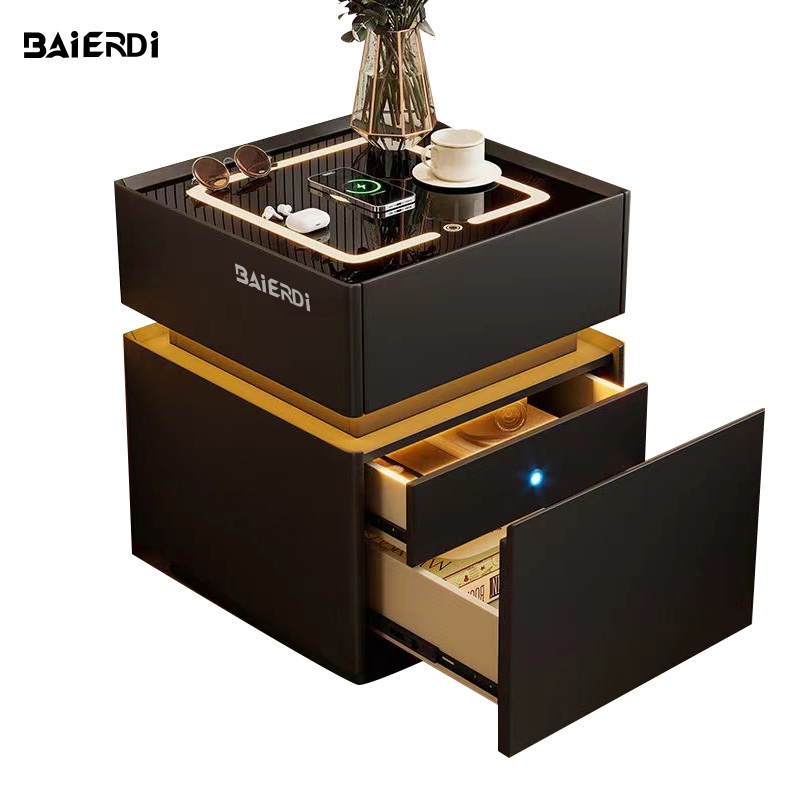BAIERDI MALL โต๊ะข้างเตียงอัจฉริยะสไตล์อิตาลีพร้อมระบบปลดล็อคลายนิ้วมือและไฟ การชาร์จไร้สายในห้องนอนใหม่ ไม้เนื้อแข็งทั