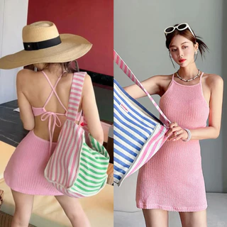 ชุดว่ายน้ำวันพีซ ผู้หญิง ถัก Halter เว้าเอว สไตล์เกาหลี หวาน เซ็กซี่ Beach Holiday | Ocean Mood