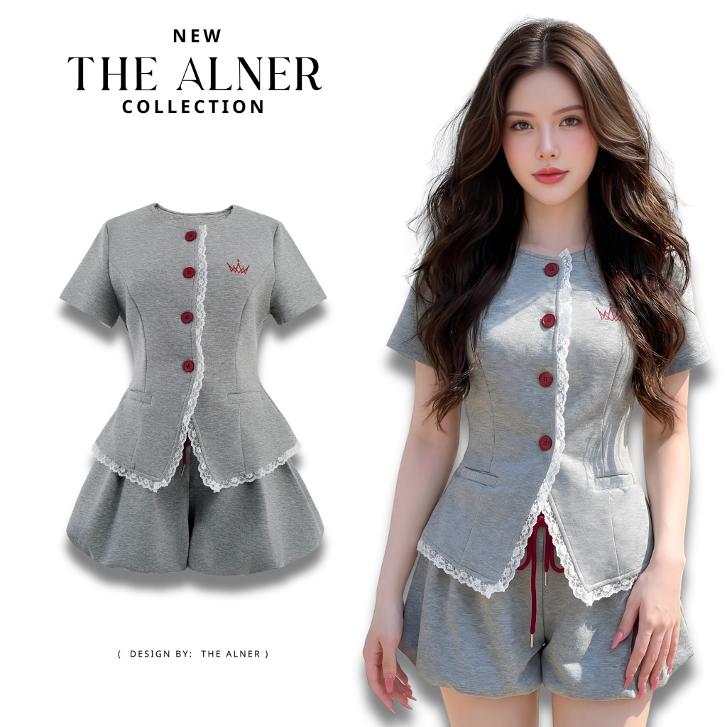 Thealner-DD13 (เซตเสื้อเทาแขนสั้นกระดุมแดง+กางเกงบอลลูน)