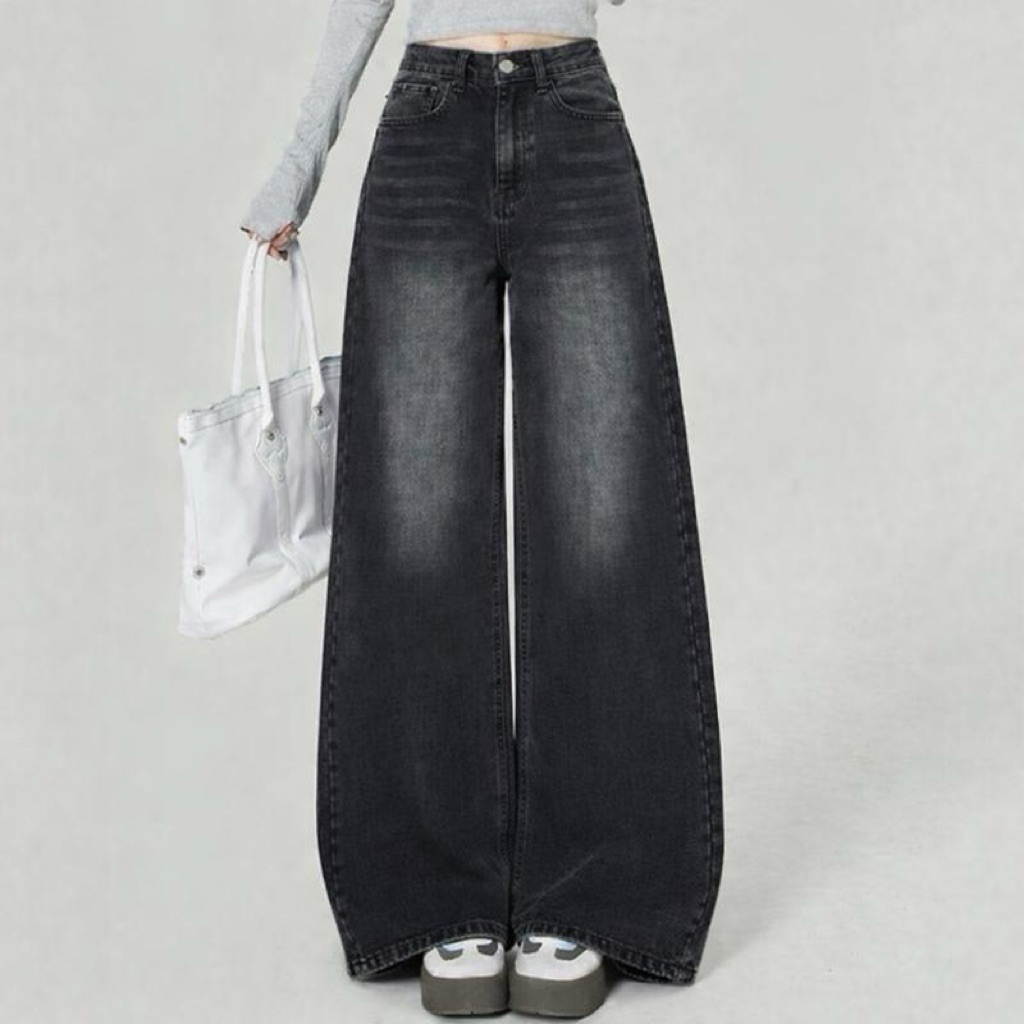 #1989 (XS-6XL) jinjeans กางเกงยีนส์ขากระบอกใหญ่ baggy jeans สีดำฟอก