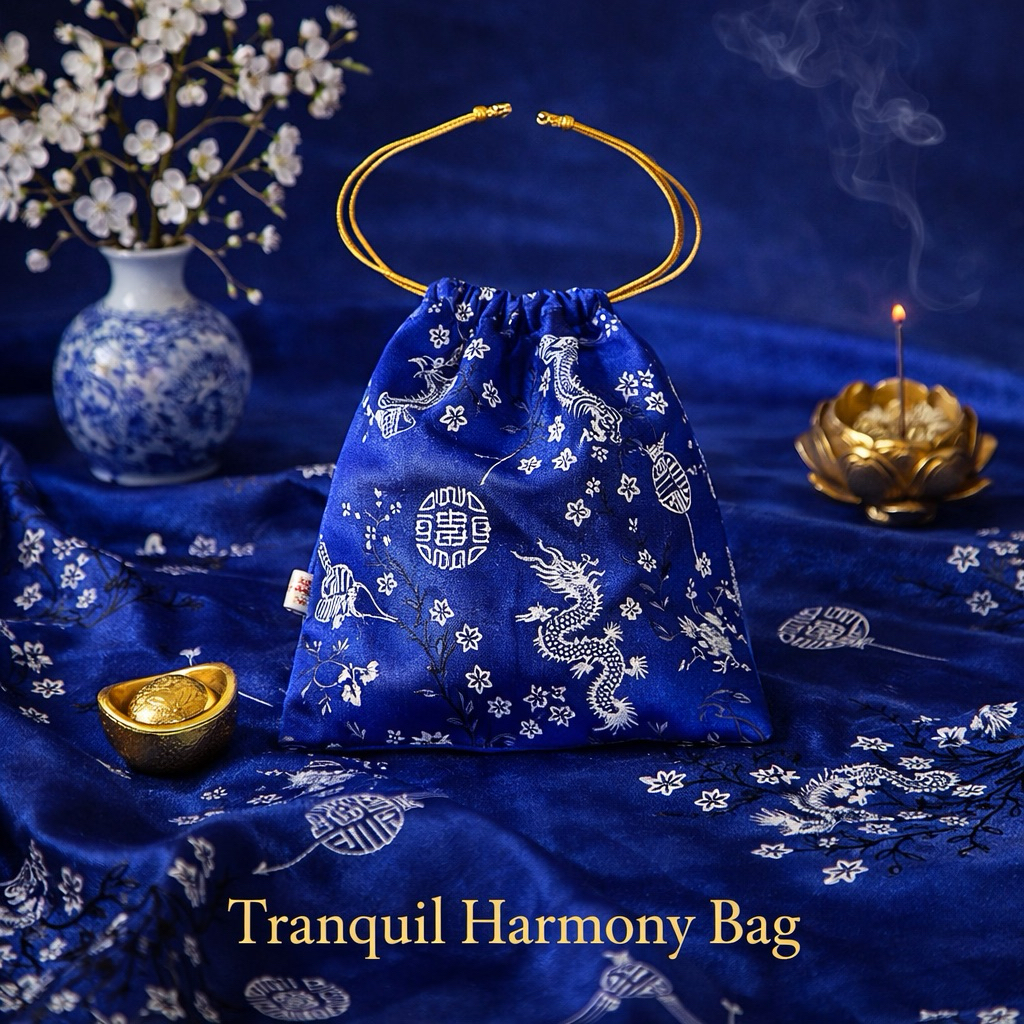 กระเป๋าหูรูดผ้าซาตินลายมงคล •BK-TIN HANDMADE•  ถุงผ้าใส่ของขวัญ ตรุษจีน Lucky Drawstring Bag - รูปที่ 4