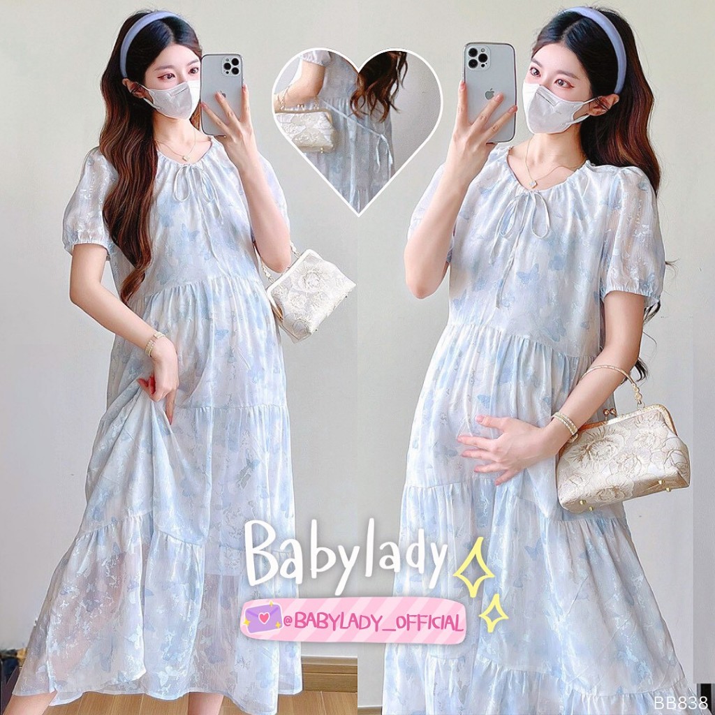 [BB 838] ชุดคลุมท้อง | BABYLADY ♡ - เดรสผ้าชีฟองวิ้งนุ่ม โบว์คอ แขนตุ๊กตา เอวปรับได้ มีซับใน