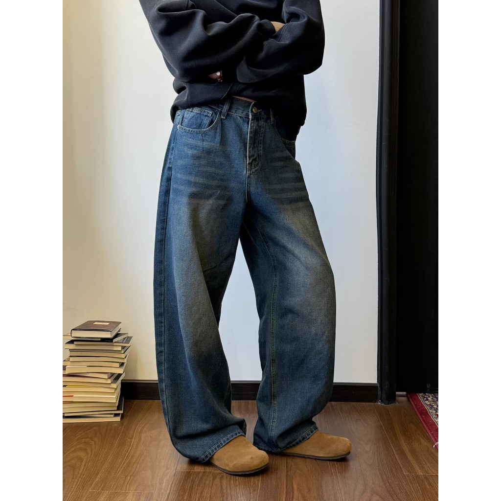TOKI-กางเกงยีนส์ผู้ชาย ขายาว เอวยางยืด ทรงกระบอกใหญ่ ตรงขากว้าง เนื้อผ้ายีนส์ ใส่สบาย ทรงหลวม สียีนส์ฟอก baggy jeans - รูปที่ 3