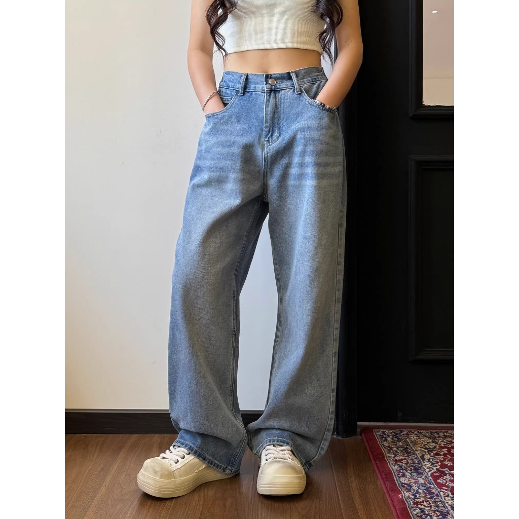 TOKI-กางเกงยีนส์ผู้ชาย ขายาว เอวยางยืด ทรงกระบอกใหญ่ ตรงขากว้าง เนื้อผ้ายีนส์ ใส่สบาย ทรงหลวม สียีนส์ฟอก baggy jeans - รูปที่ 4