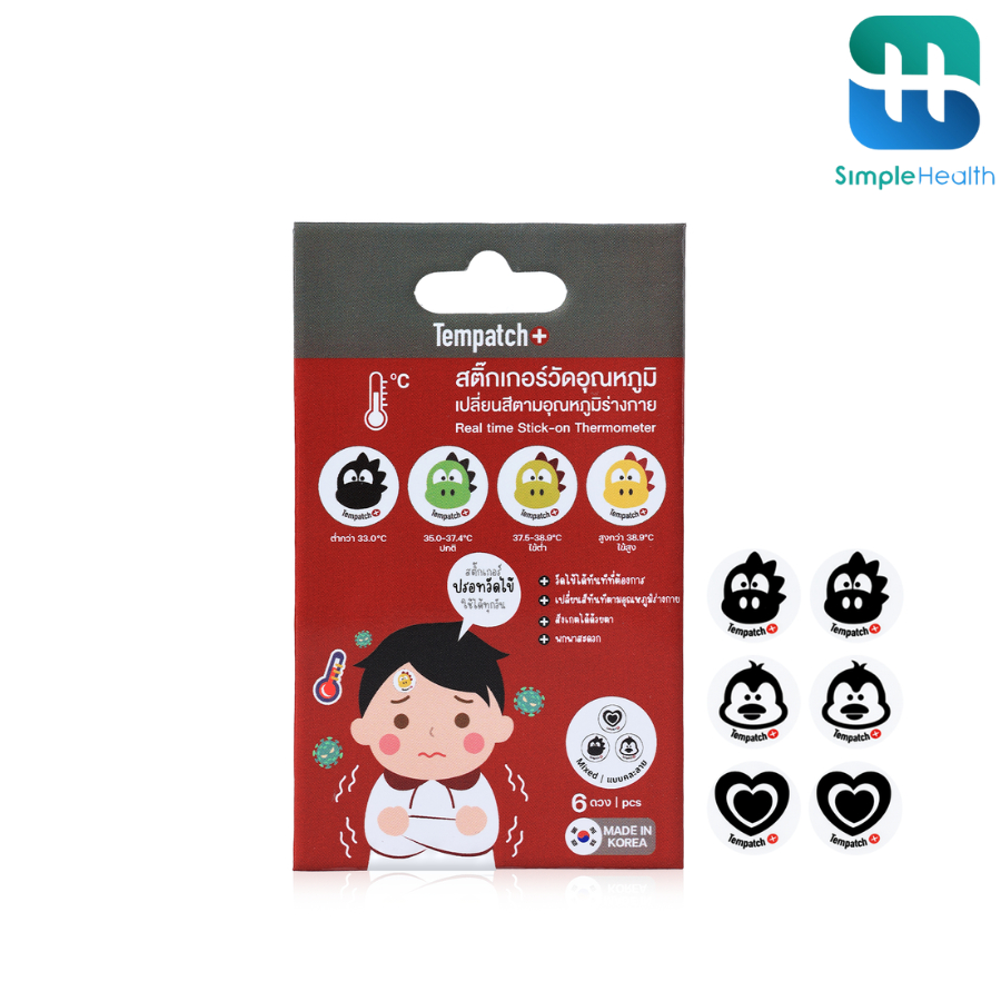 Simple Health TH สติ๊กเกอร์วัดอุณหภูมิร่างกาย แผ่นแปะวัดไข้ Temperature sticker เปลี่ยนสีทันทีเมื่อมีไข้ ใช้งานง่าย