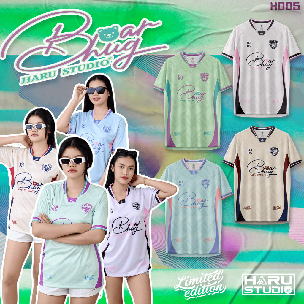 HARU เสื้อยืดคอวีเจาะสาบพิมพ์ลาย Bearhug ผ้าพิเศษ ไม่ต้องรีด ใส่ได้ทั้งหญิงและชาย