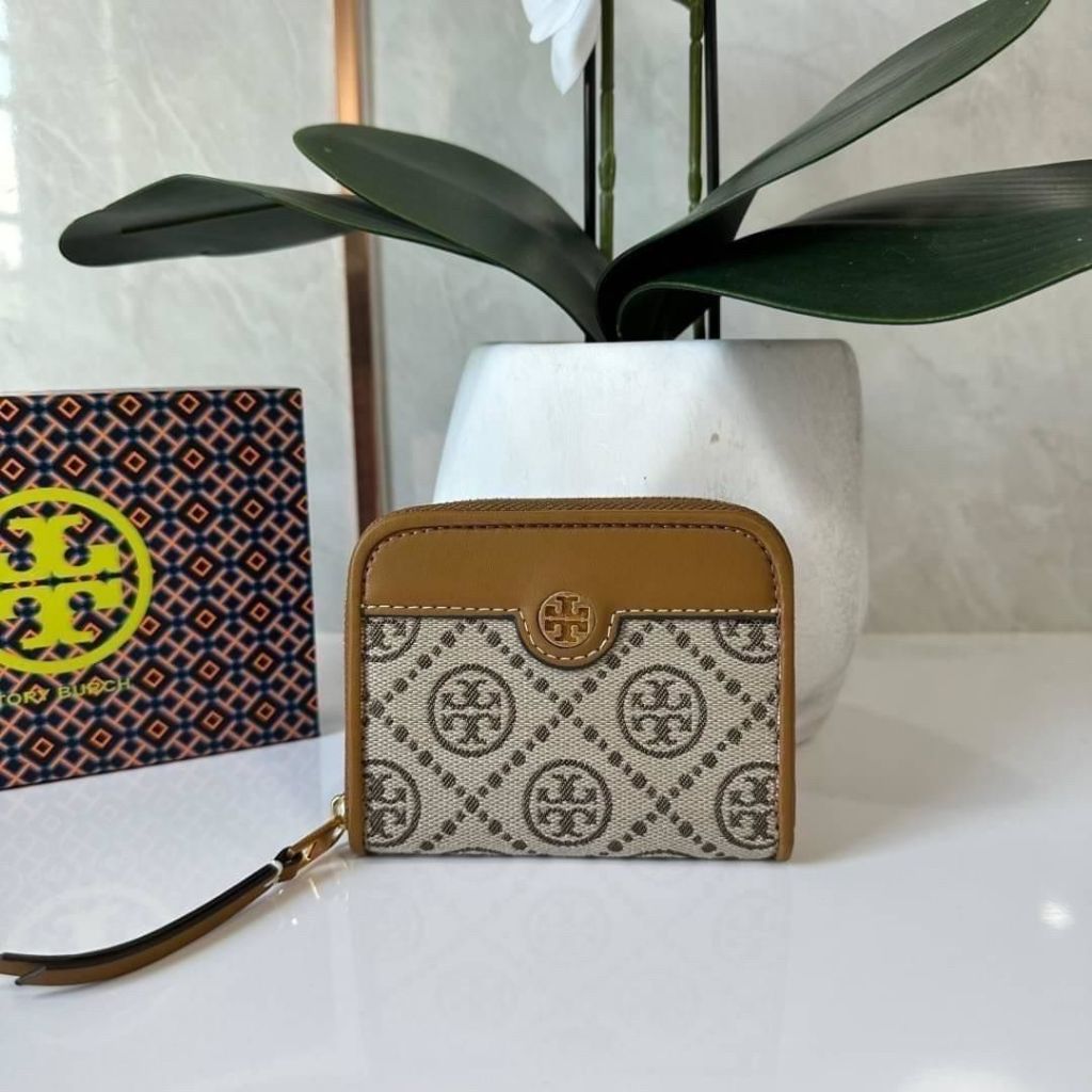 พร้อมส่ง กระเป๋าสตางค์ใบสั้น T0ry burch สีน้ำตาล ซิปรอบ ของแท้
