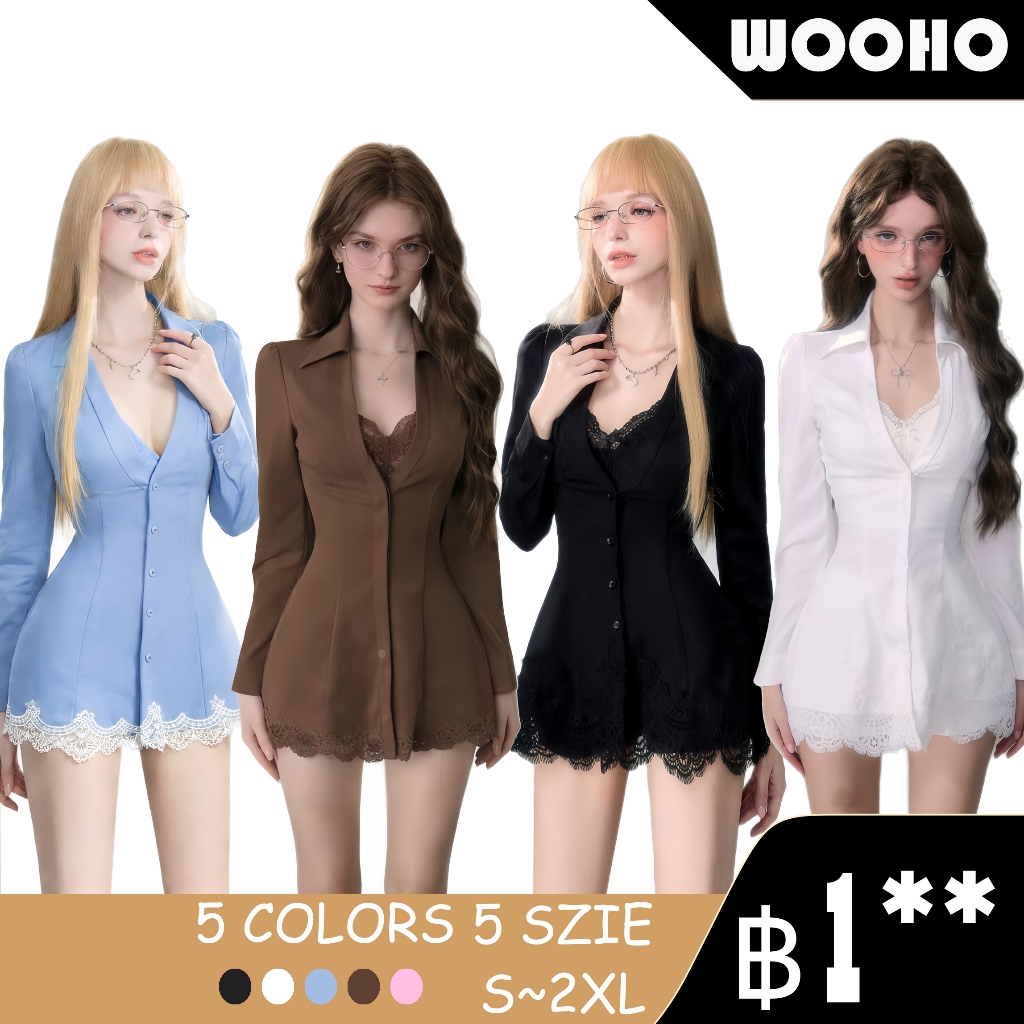 WOOHO.เสื้อสูทผู้หญิงทรงเข้ารูป แต่งลูกไม้ชายเสื้อ แขนยาว มี 5 สี ไซส์ S–2XL
