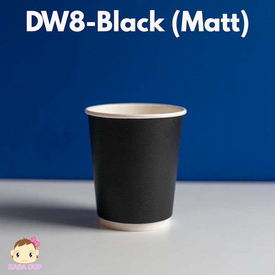 [DW8ดำด้าน - 050] แก้วกระดาษ Double Wall ขนาด 8oz สีดำ ผิวด้าน (Matt) พร้อมฝาสีดำหรือขาว 1 แพ็คบรรจุ 50 ชุด