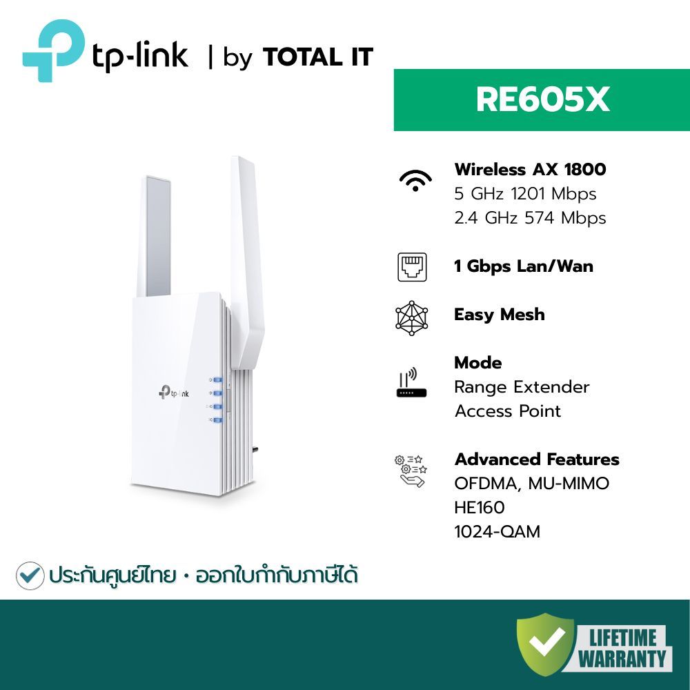 TP-Link RE605X AX1800 Wi-Fi 6 Range Extender ตัวขยายสัญญาณ WiFi | EasyMesh | ตัวดูดสัญญาณ