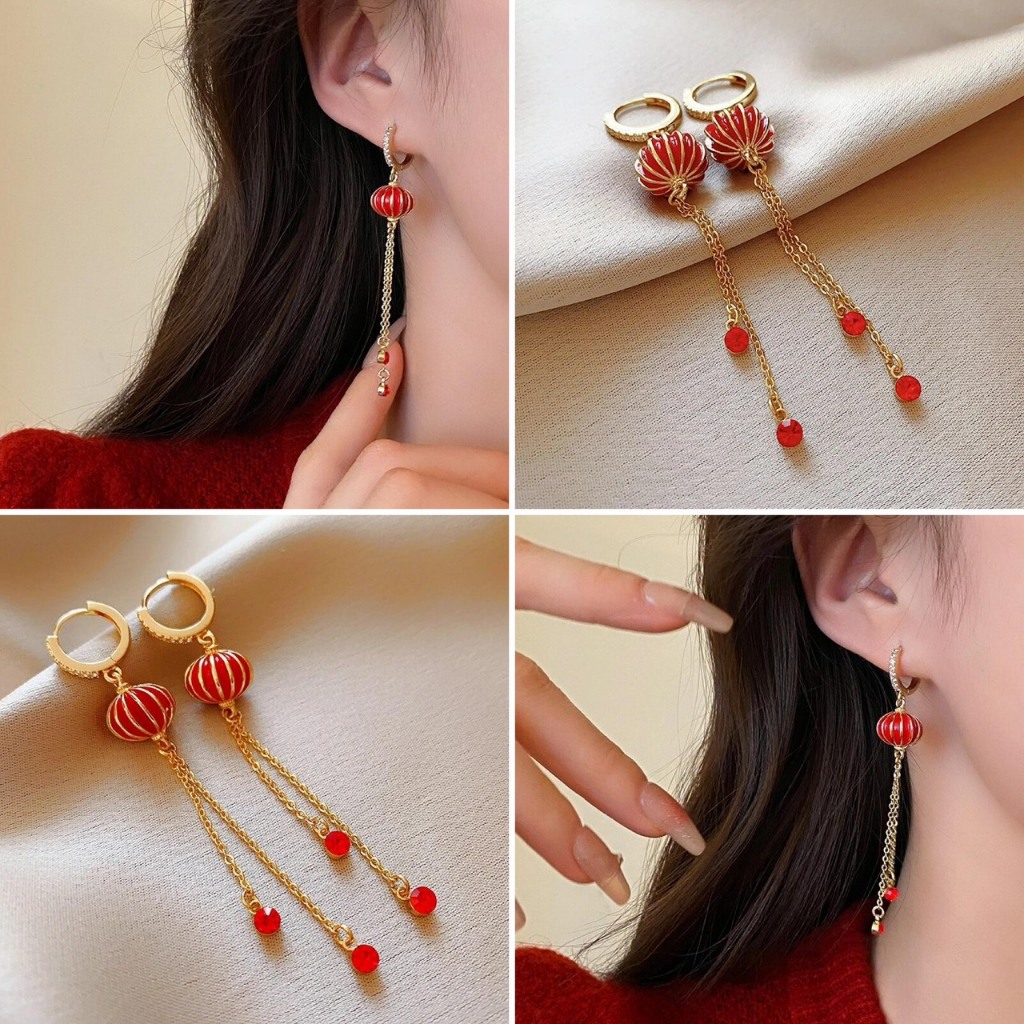 พร้อมส่ง! ราคา/คู่ Red Lantern Tassel Earrings ต่างหูพู่โคมแดง ต่างหูโคมแดงสไตล์จีน เนื้องานเกาหลี พรีเมี่ยม คุณภาพดี