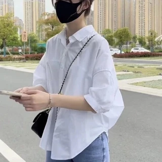 ของพร้อมส่ง🔥เสื้อเชิ้ตแขนสั้น แบบบาง ทรงหลวม ทรงหลวม New women's clothing แฟชั่นฤดูร้อน แขนสั้น คอปก สไตล์เกาหลี #F069