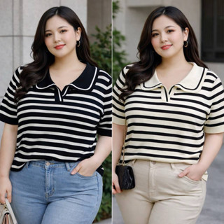 เสื้อไหมพรมคอบัวแต่งขอบหยักลายริ้วS638