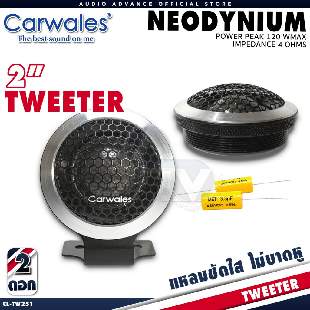 ทวิตเตอร์โดม บอร์ดี้เหล็กหล่อ ทวิตเตอร์จาน1นิ้ว ทวีตเตอร์แหลมจาน ดอกแซ็ก วอยซ์ 25มิล Carwales CL-TW251 จำนวน 1คู่