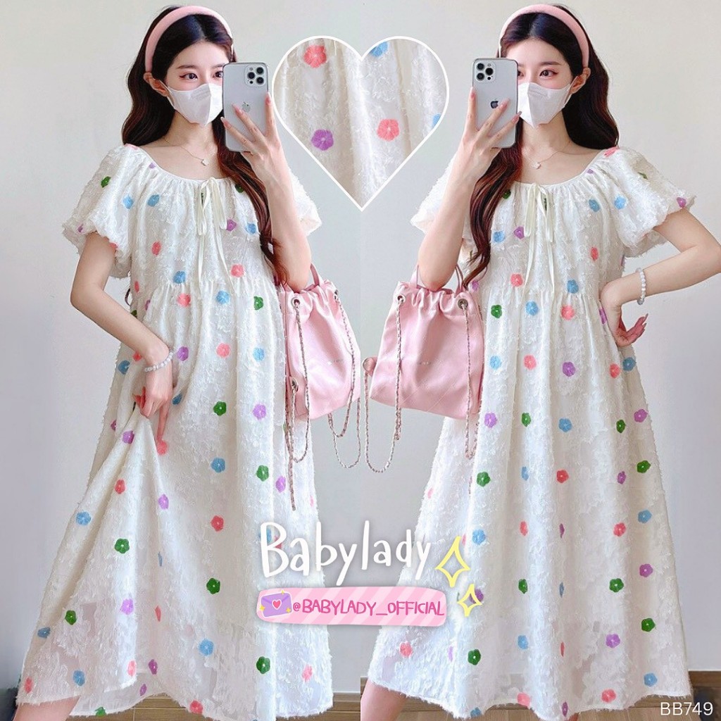 [BB 749] ชุดคลุมท้อง | BABYLADY ♡ - ผ้านุ่มบุขน ปักดอก แขนตุ๊กตา โบว์ผูก เอวปรับได้ มีซับใน