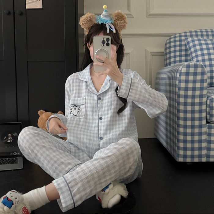 สติทช์ รูปแบบการ์ตูน ชุดนอน Two-Piece แขนยาว กางเกงขายาว เมฆรู้สึกผ้า สวมใส่สบาย เหมาะสำหรับผู้หญิง จัดส่งด่วน - รูปที่ 7