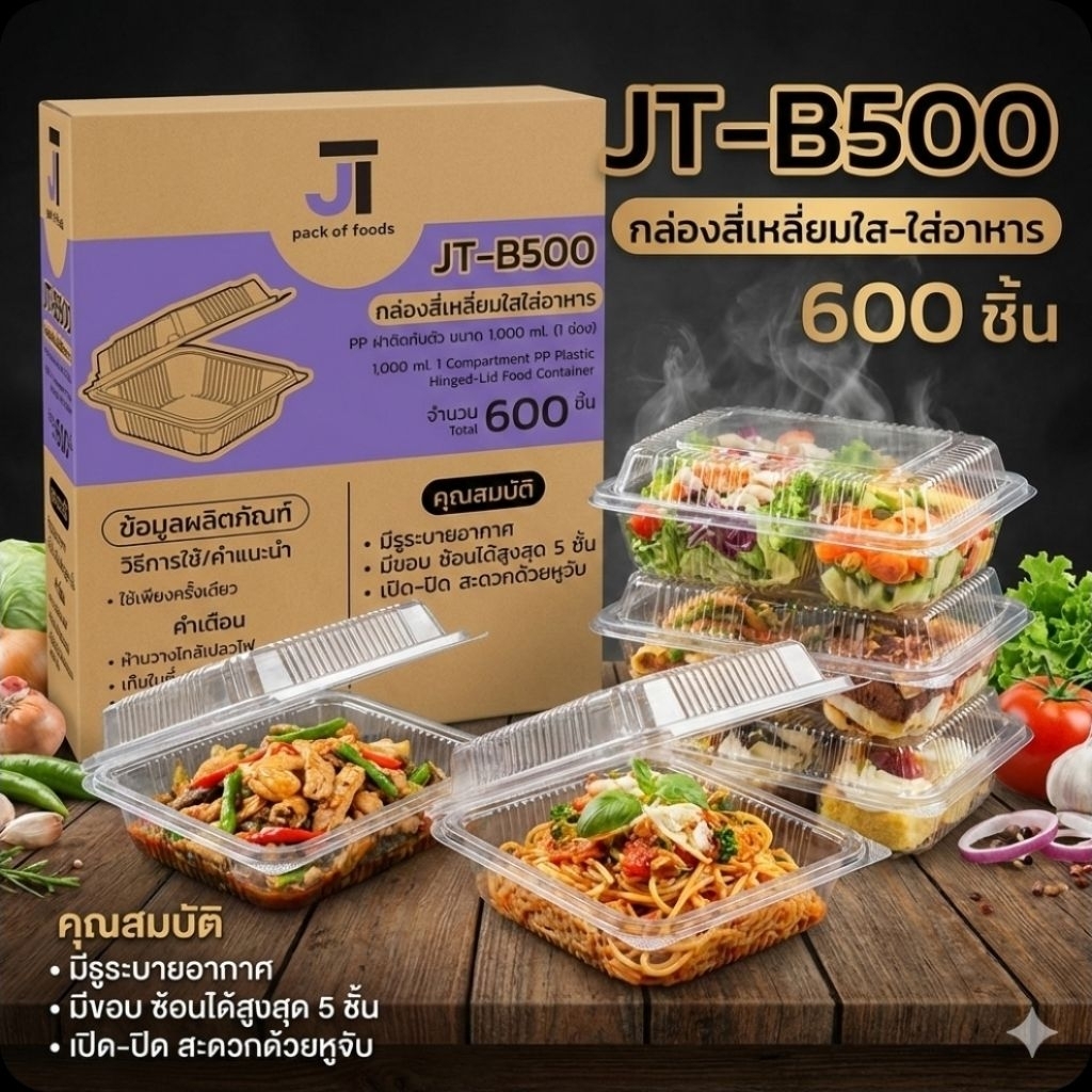📦JT-B500 กล่องอาหารฝาติด PP 25 ชุด×24 แพค./600 ชุด.(ยกลัง).📦