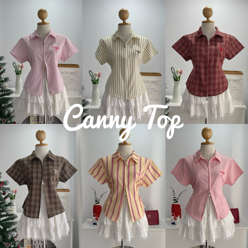 Canny Top เสื้อเชิ้ตซิปดาวปักโบว์ มีเชือกผูกหลัง อก38“