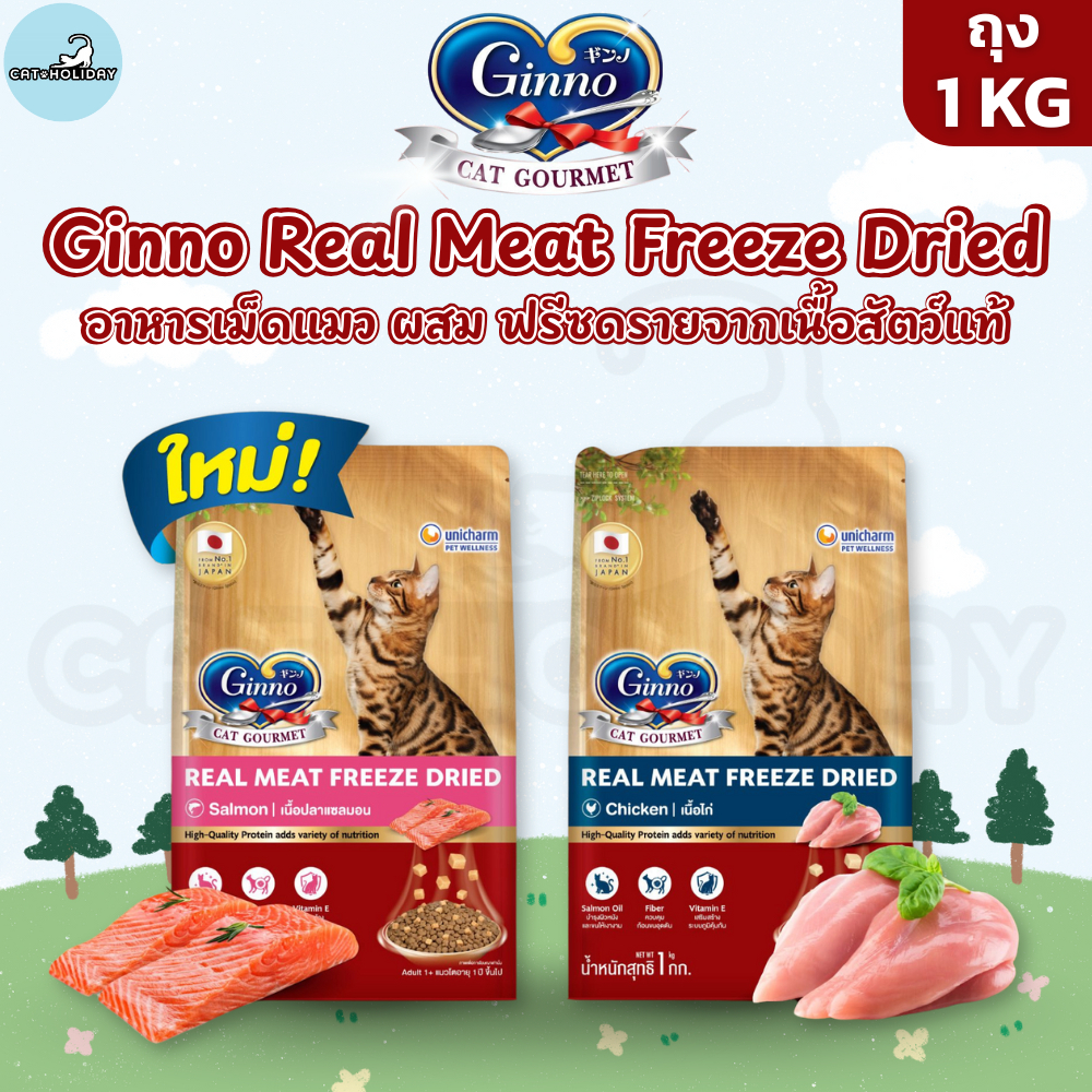 [ ถุง 1kg ] อาหารแมว Ginno Dry Food with Freeze-Dried Meat กินโนะ อาหารเม็ดแมว ผสม ฟรีซดรายจากเนื้อสัตว์แท้