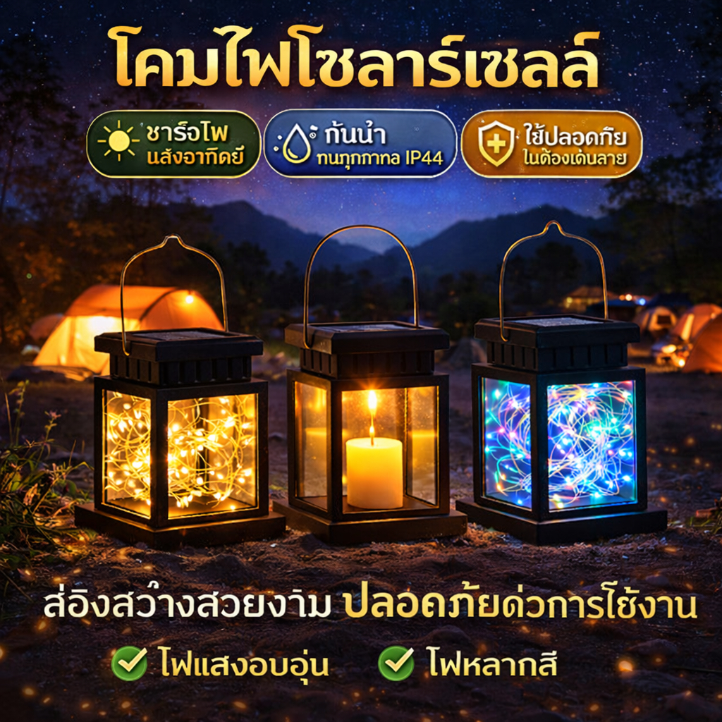 ไฟแต่งสวน ไฟสนาม Solar Light โคมไฟเทียนโซล่าเซลล์ Candle Light ทรงตะเกียง LED ค่าไฟ0บาท