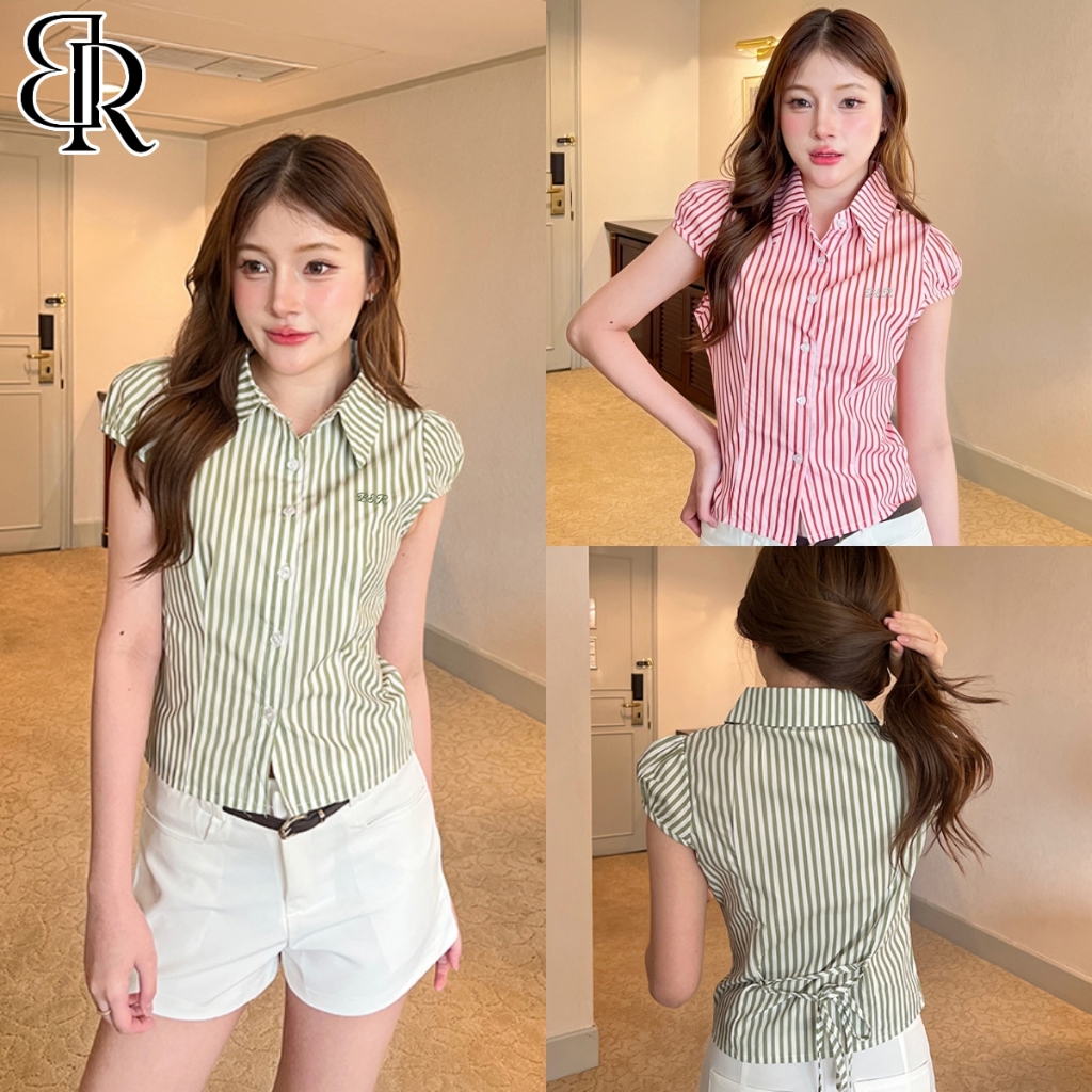 B&R พร้อมส่ง เสื้อผู้หญิง เสื้อเชิ้ตลายทางแขนสั้น สายรัดหลัง น่ารักและพอดีตัว มีให้เลือกหลากหลายสี ขนาด S-XL
